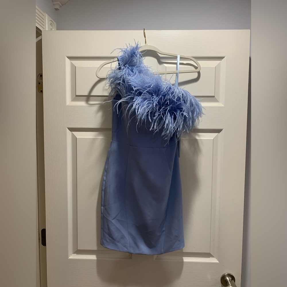 Feather-Trim One-Shoulder Mini Dress in Light Blue
